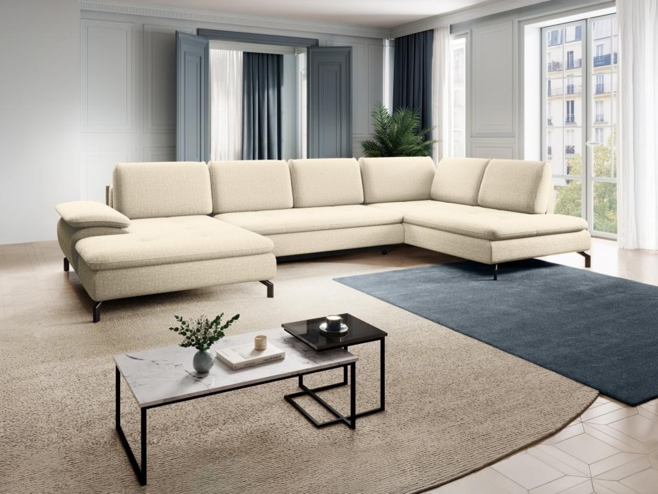 Vente-unique - Große Wohnlandschaft mit Schlaffunktion - Ecke rechts - Strukturstoff - Beige - ARCHIBALD Bild 1