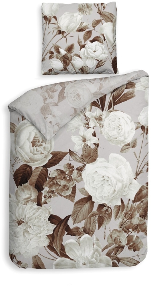 Heckett & Lane Satin Bettwäsche 135x200 Danna beige braun Blüten Rosen Lilien Bild 1