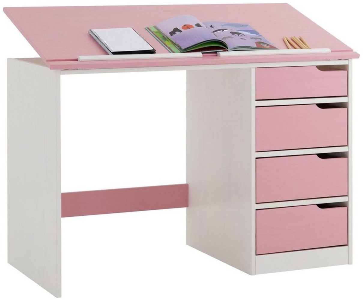 IDIMEX Kinderschreibtisch EMMA, Schreibtisch mit Schubladen, neigbare Tischplatte aus massivholz rosa Bild 1