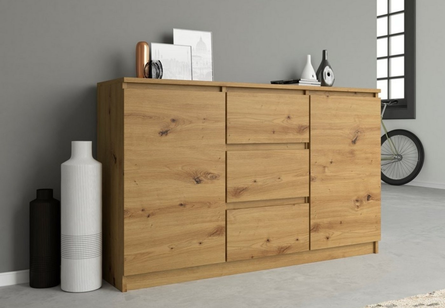 Home Collective Kommode Highboard Sideboard für Flur Schlafzimmer Wohnzimmer (Perfekt für Wohnzimmer, Schlafzimmer oder Esszimmer), mit 3 Schubladen und 2 Türen, Breite 120 cm Höhe 75, Artisan Bild 1