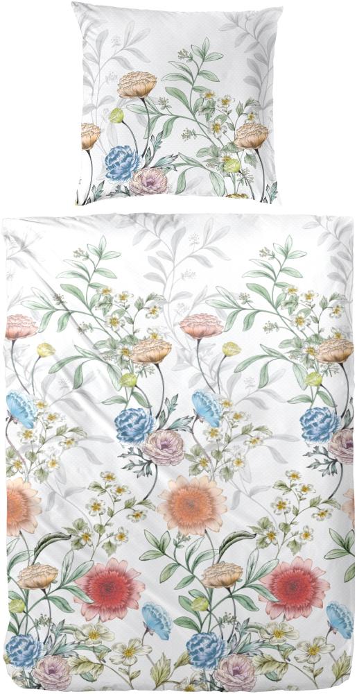 Primera Mako-Satin Bettwäsche 155x220 Blumen Blüten weiß koralle blau 243211-02 Bild 1