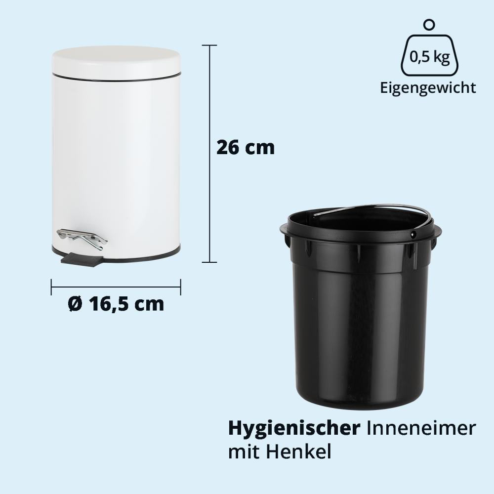 KHG Mülleimer Bad, Kosmetikeimer 3l | Abfalleimer Treteimer aus Aluminium in glänzendem Weiß | herausnehmbarer Inneneimer, ideal für Küche, Badezimmer, Büro Bild 1