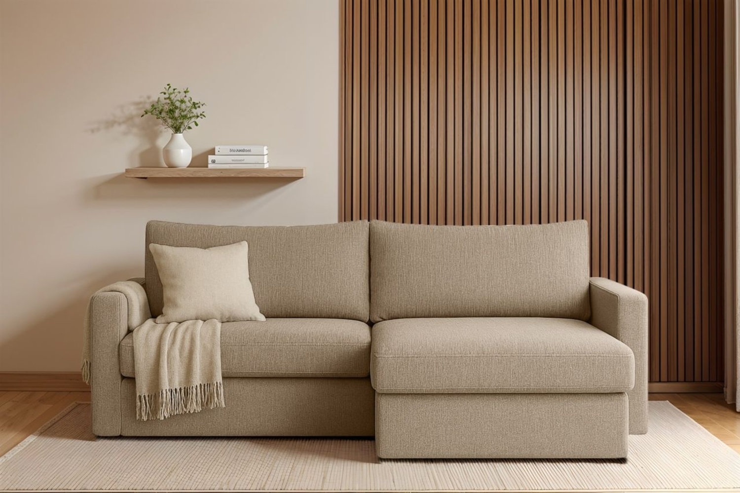 Ecksofa Sofa mit Schlaffunktion BENDIK Stoff Faro Dunkelbeige Ottomane Rechts Bild 1