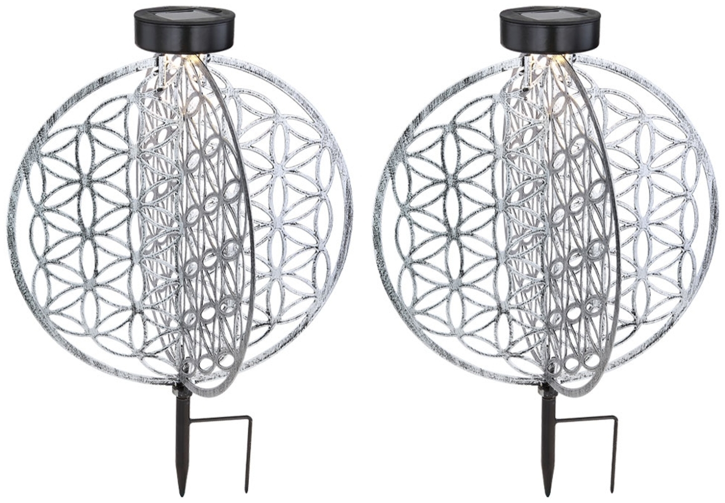2er Set LED Solarleuchte, Lebensblume, silber-antik, rund, H 41 cm Bild 1