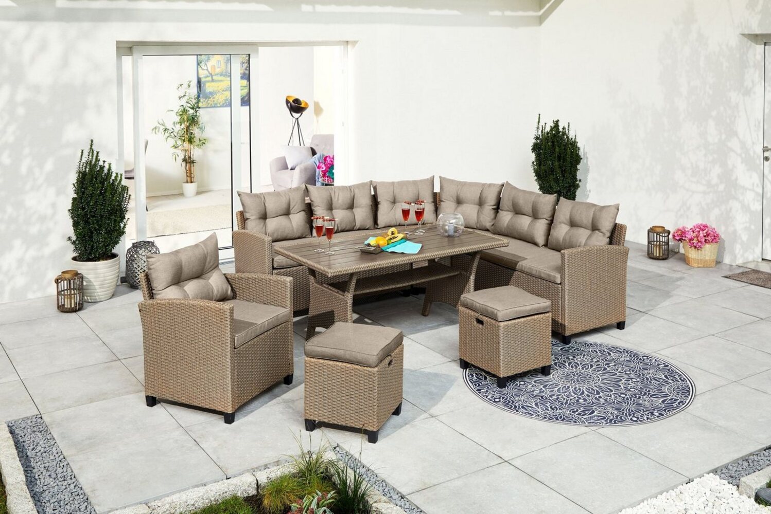 KONIFERA Gartenlounge-Set Keros Premium, (Set, 20-tlg, 2x 2er Sofa, 1x Ecke, 1x Sessel, 2x Hocker, 1x Tisch 145x75x67,5cm), Ecklounge, Polyrattan, Stahl, geeignet für 8 Personen, inkl. Auflagen Bild 1