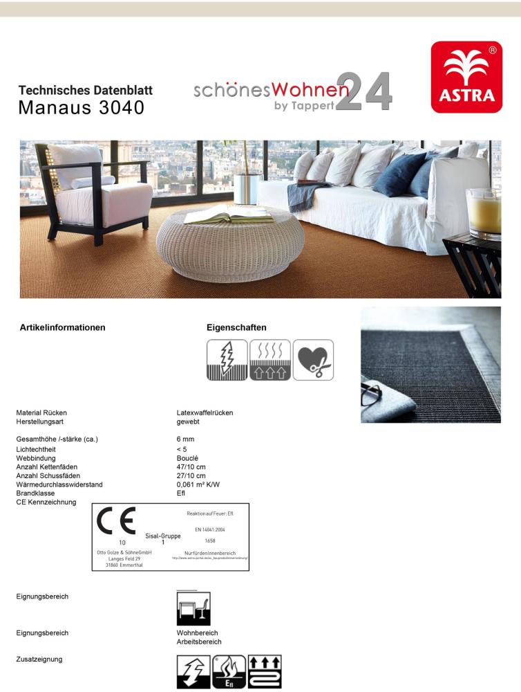 Sisal Teppich Astra Manaus mit 5cm Baumwollbordüre Grau 40/42 65x140cm Bild 1