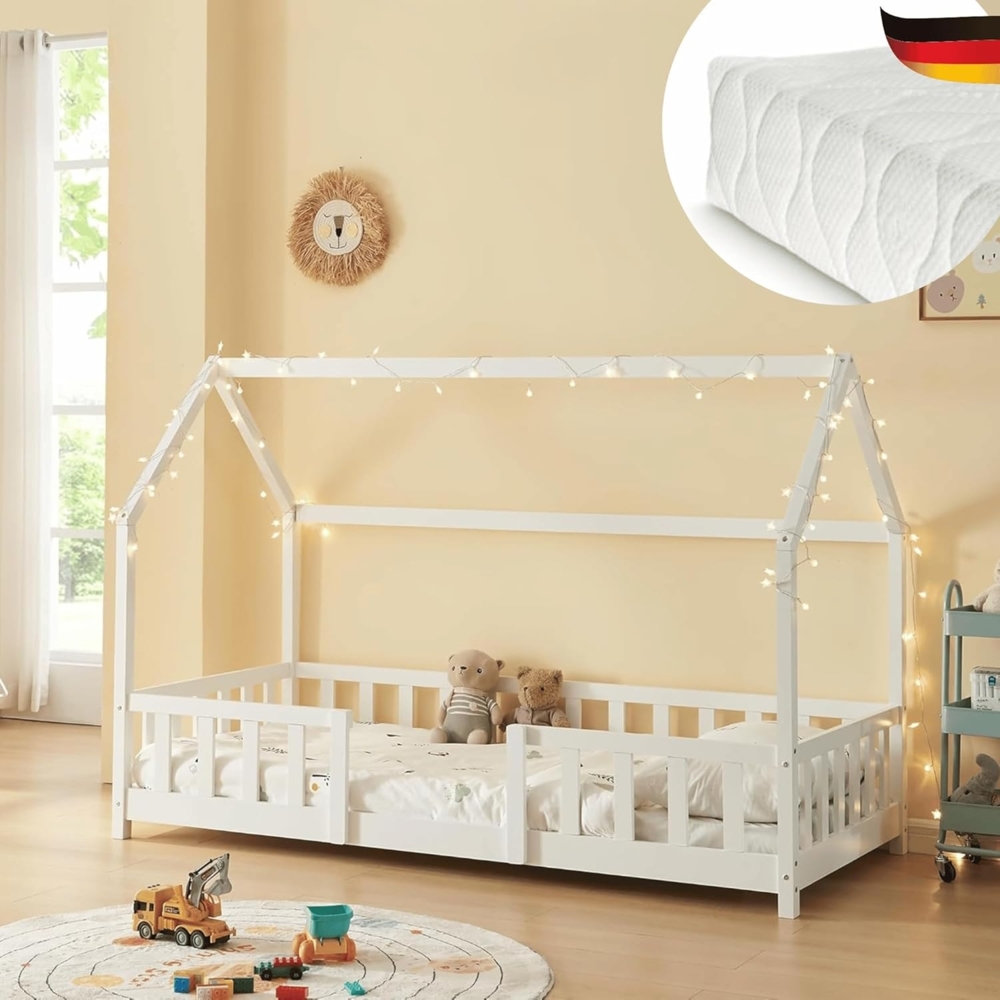 DELUKE® Kinderbett 90x200 cm LULO - Inkl. Matratze Lattenrost Rausfallschutz Einzelbett Hausbett Kinderzimmer Bodenbett Kinder Bett Klein Montessori Bett Weiß Bild 1