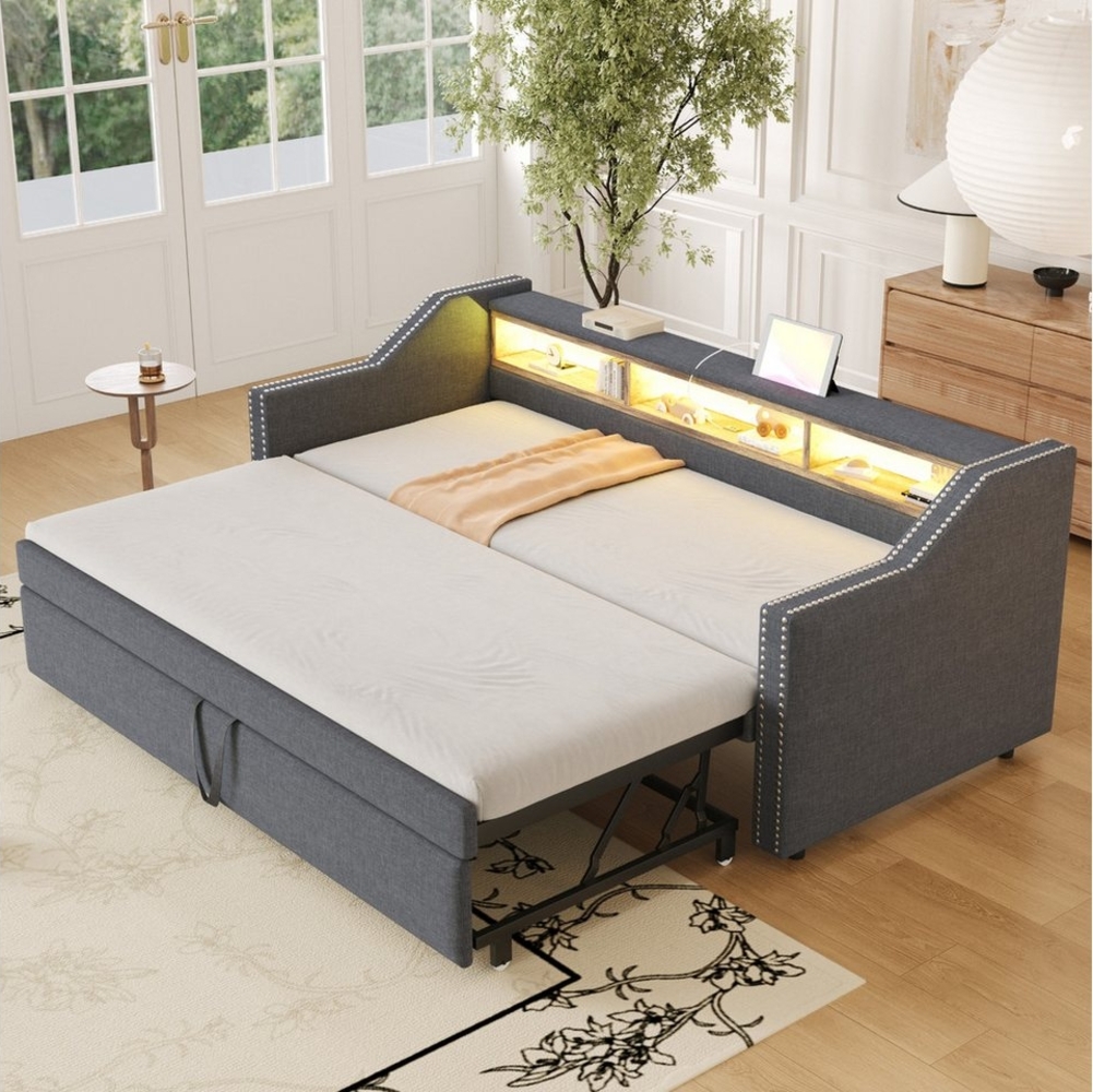 MODFU Schlafsofa Funktionsbett,Polsterbett,Doppelbett, Polsterbett Ausziehbares Schlafsofa,mit USB-Anschluss, LED-Beleuchtung, Lattenrost & Multifunktionalen Ablagefächern, mit Relaxfunktion Bild 1