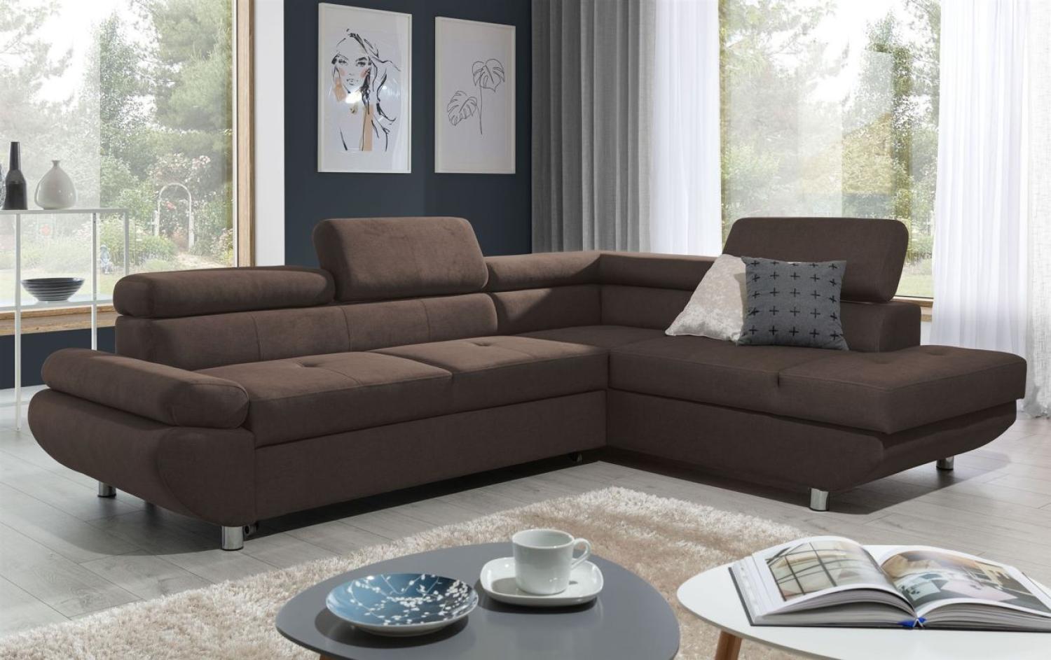 Ecksofa Sofa PANOS Stoff Esito Braun mit Schlaffunktion Ottomane Rechts Bild 1