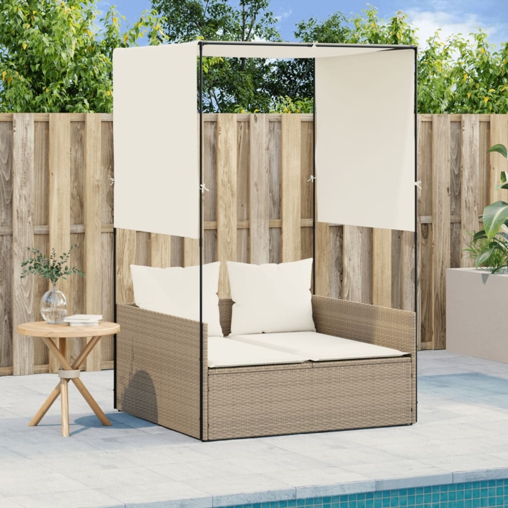 vidaXL Doppel-Sonnenliege mit Dach und Vorhängen Beige Poly Rattan 4002759 Bild 1