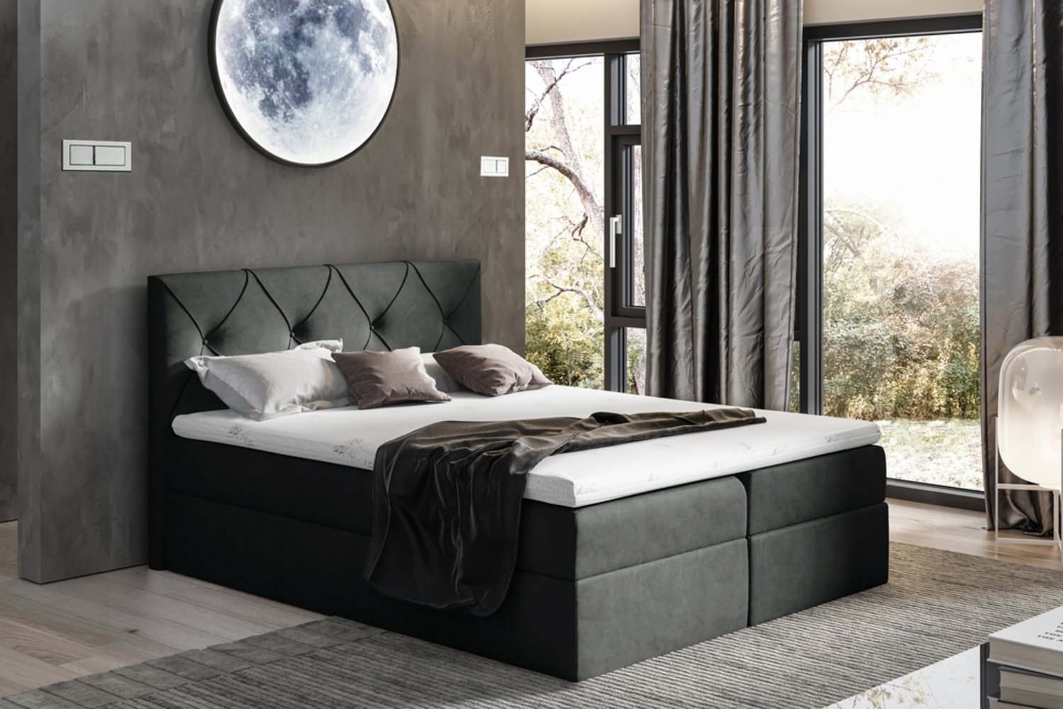 99rooms Arian Boxspringbett Velours 200x200 cm Schwarz Bild 1