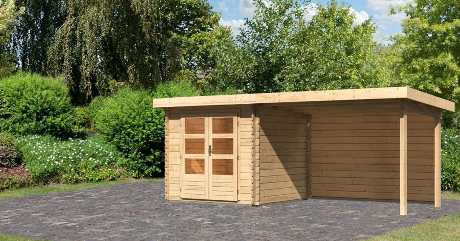 Gartenhaus Bastrup 2 - 519x237 cm mit Anbaudach 3,00 m mit Rückwand, 28 mm Holz naturbelassen Bild 1