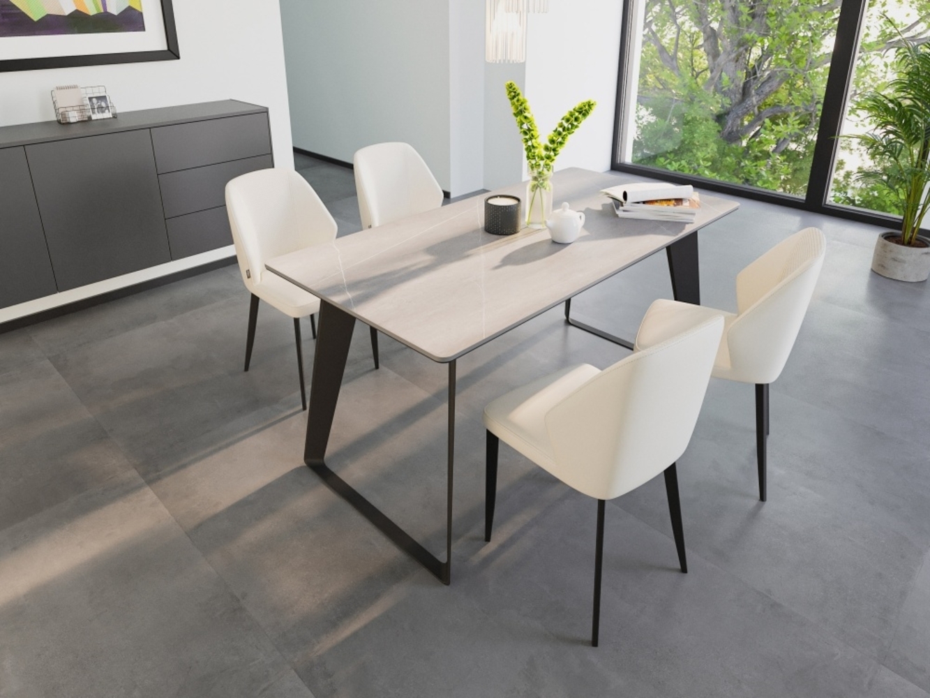 Esstisch Set FLORINT 160 graue Keramikplatte mit 4 Stühlen Kunstleder beige : Grau Bild 1