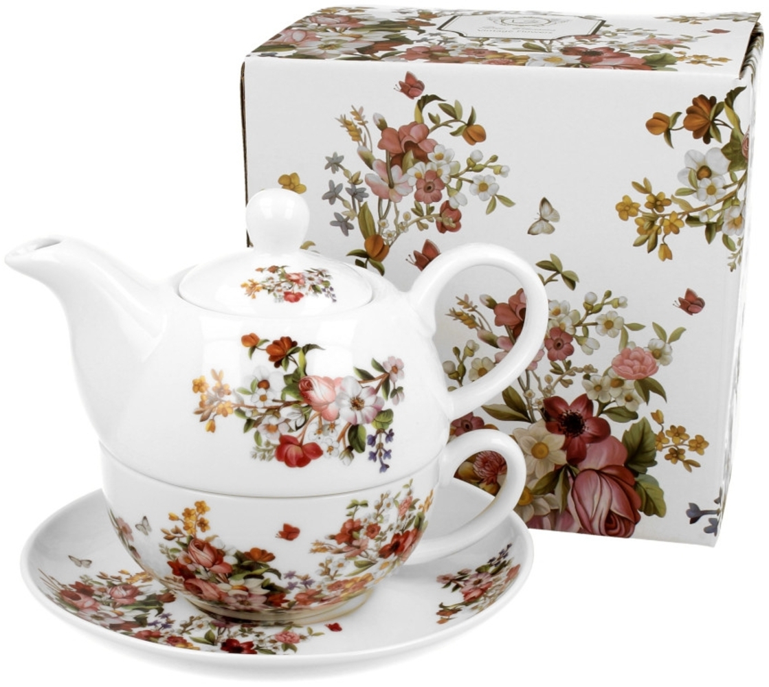 DUO FLORAL Tasse mit Teekanne VINTAGE FLOWERS WHITE New Bone China Porzellan Bild 1