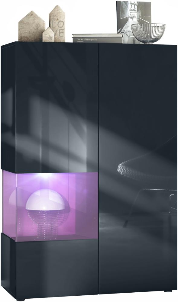 Vladon Vitrine Morena V2, Standvitrine mit 2 Türen und Glaseinsatz, Korpus Schwarz matt, Fronten Schwarz Hochglanz, Cube Brombeer Hochglanz inkl. LED-Beleuchtung Weiß (91,5 x 136,5 x 37 cm) Bild 1