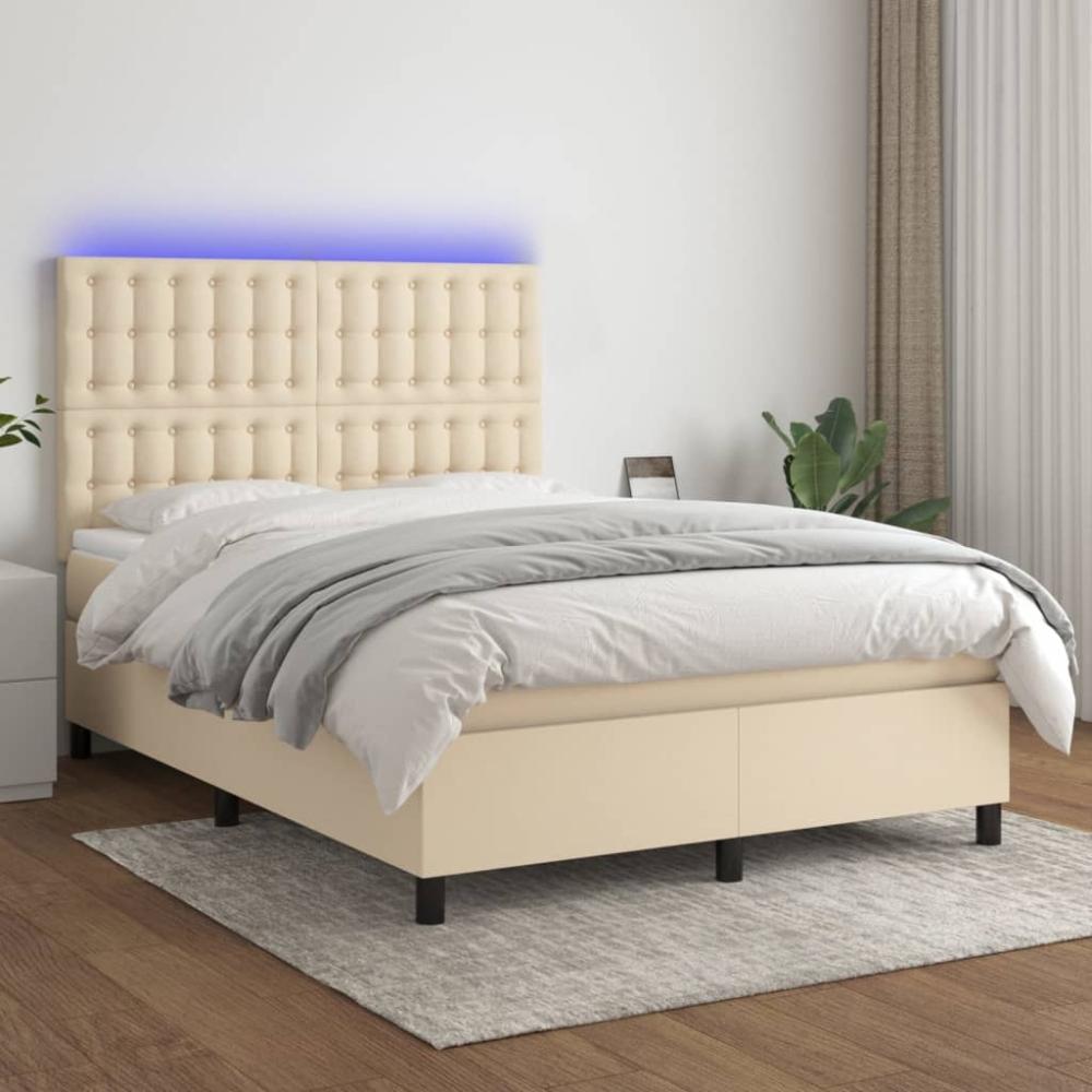 vidaXL Boxspringbett mit Matratze & LED Creme 140x190 cm Stoff, Härtegrad: H2 [3135194] Bild 1