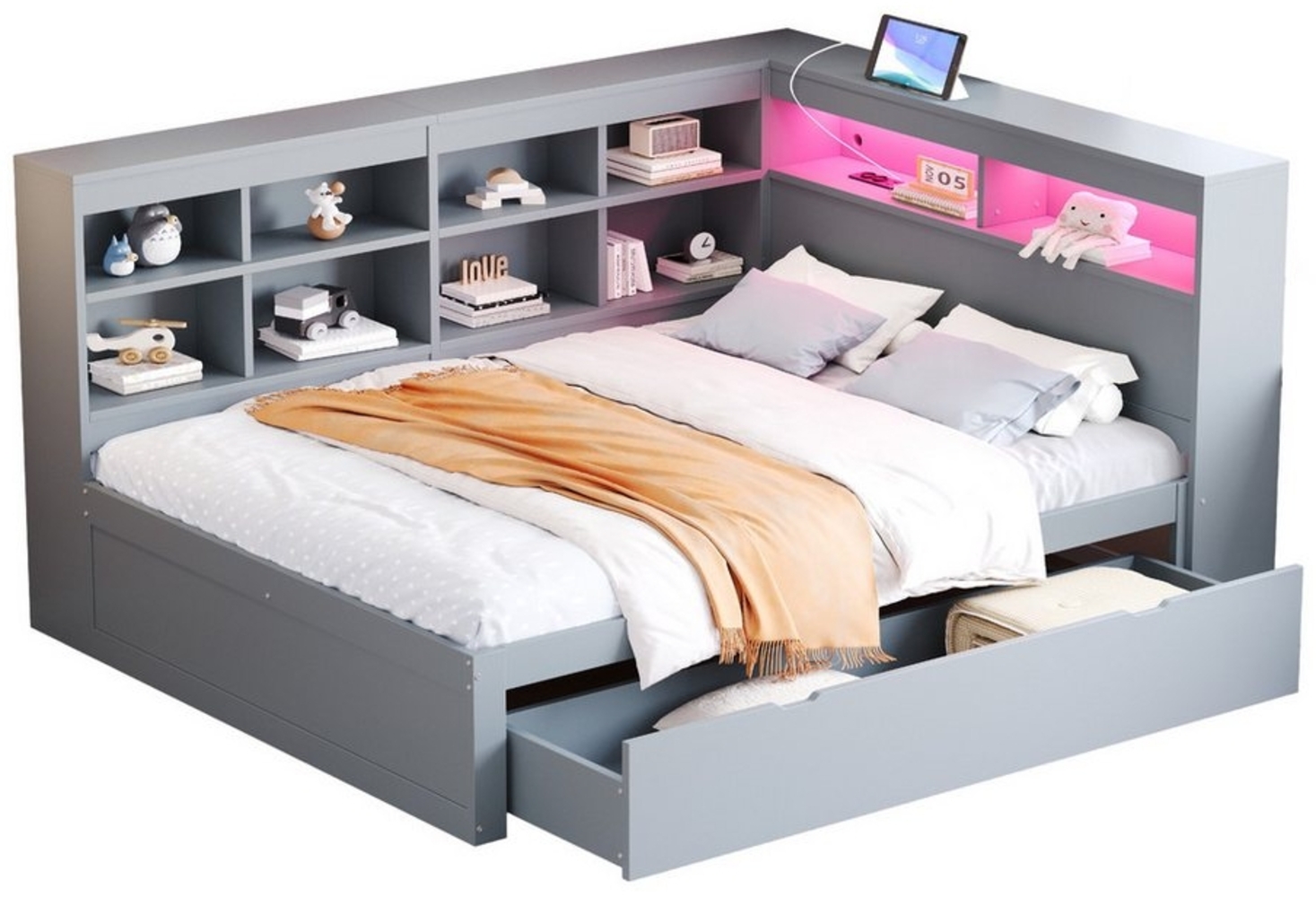 REDOM Stauraumbett Multifunktionales Schlafsofa Daybett Tagesbett Kinderbett (mit Extra Stauraum, Multifunktionales Doppelbett mit USB-Steckdose, LED-Lichtleiste & Regalen, Platzsparendes Holzbett für Schlafzimmer & Gästezimmer, 140x200 cm), ohne Matratze Bild 1