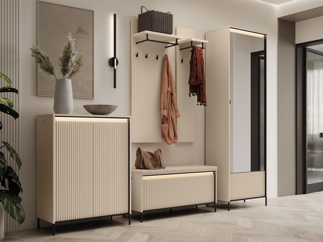 Compleo Garderoben-Set mit Lamellen, (Kleiderschrank, Kleiderbügel, Schuhregal, Kommode), Garderobenmöbel im Modern Stil Bild 1