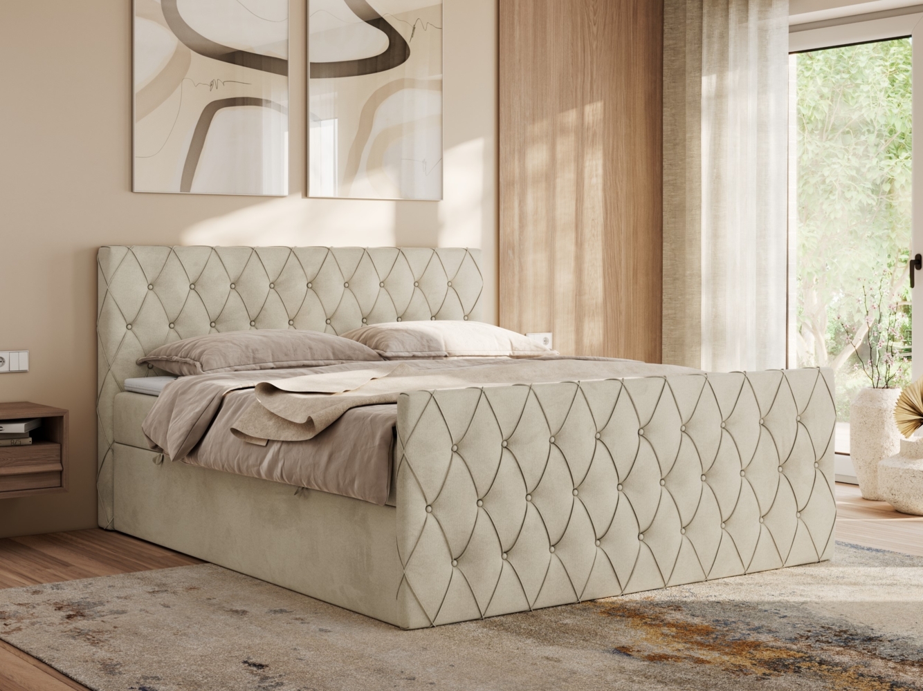 Boxspringbett mit gesteppter Front und Kopfteil, Multipocket-Matratze, zwei Bettkästen - MIREN DUO - 120 x 200 cm - Beige Velvet - H3 Bild 1