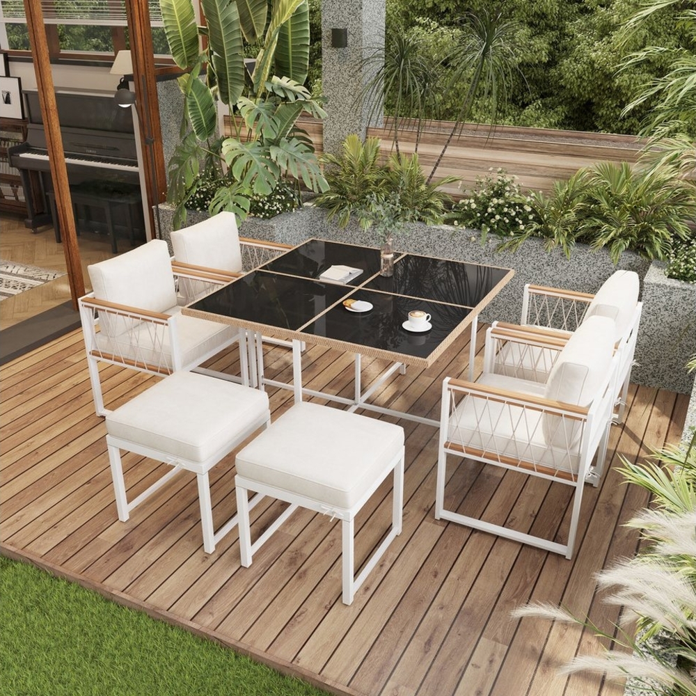 Ulife Gartenlounge-Set Gartenmöbel-Set, 7-teiliges Esstisch- und Stuhlset für 6 Personen, (7-tlg), 4 Sesseln und 2 Fußhocker, 1 Esstisch Bild 1