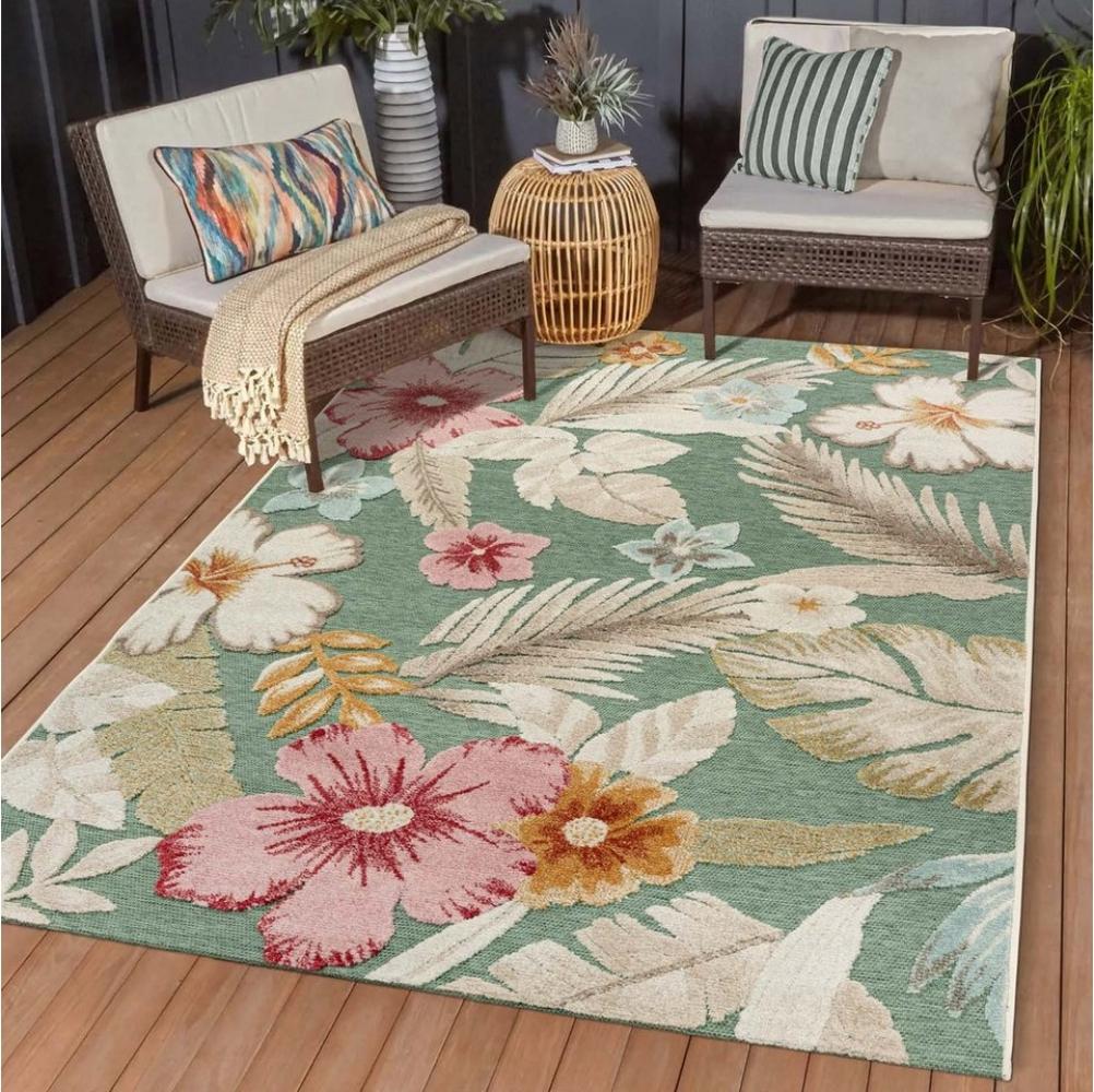 TaraCarpet Teppich TaraCarpet In und Outdoor Teppich Fantasy Blossom, rechteckig, Höhe: 5 mm, Blüten grün Wohnzimmer Balkon Terrasse Esszimmer 160X230 Bild 1