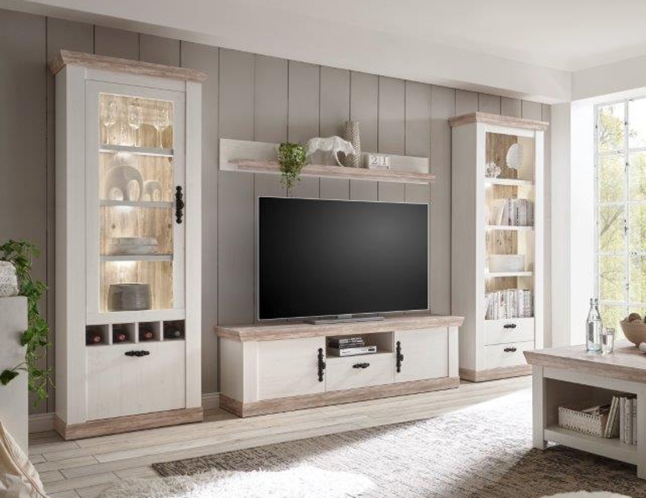 Wohnwand Anbauwand Florenz LED-Beleuchtung pinie weiß / oslo pinie 300cm Bild 1