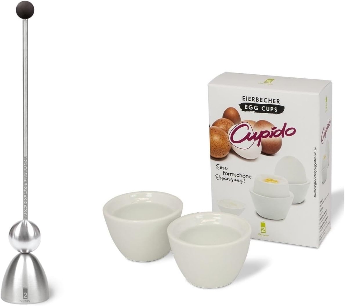 Take 2 Germany | Clack Eierschalensollbruchstellenverursacher Set | zwei Porzellan Eierbecher inkl. | Edelstahl, Gummikopf Schwarz | perfekt für das tägliche Frühstück Bild 1