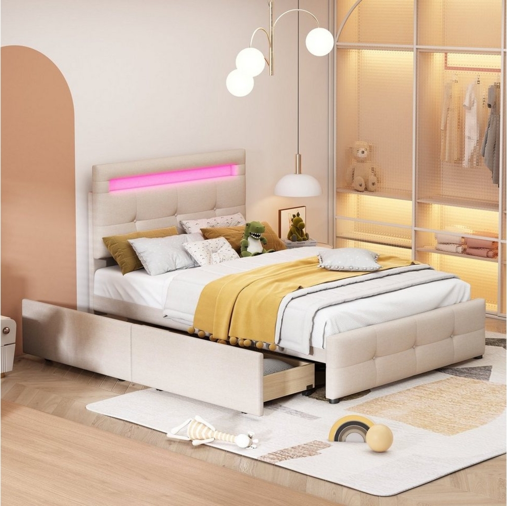 Odikalo Stauraumbett Polsterbett Kinderbett 16LED 2 Schubladen Beige/Grau/Rosa 90/140*200cm Bild 1