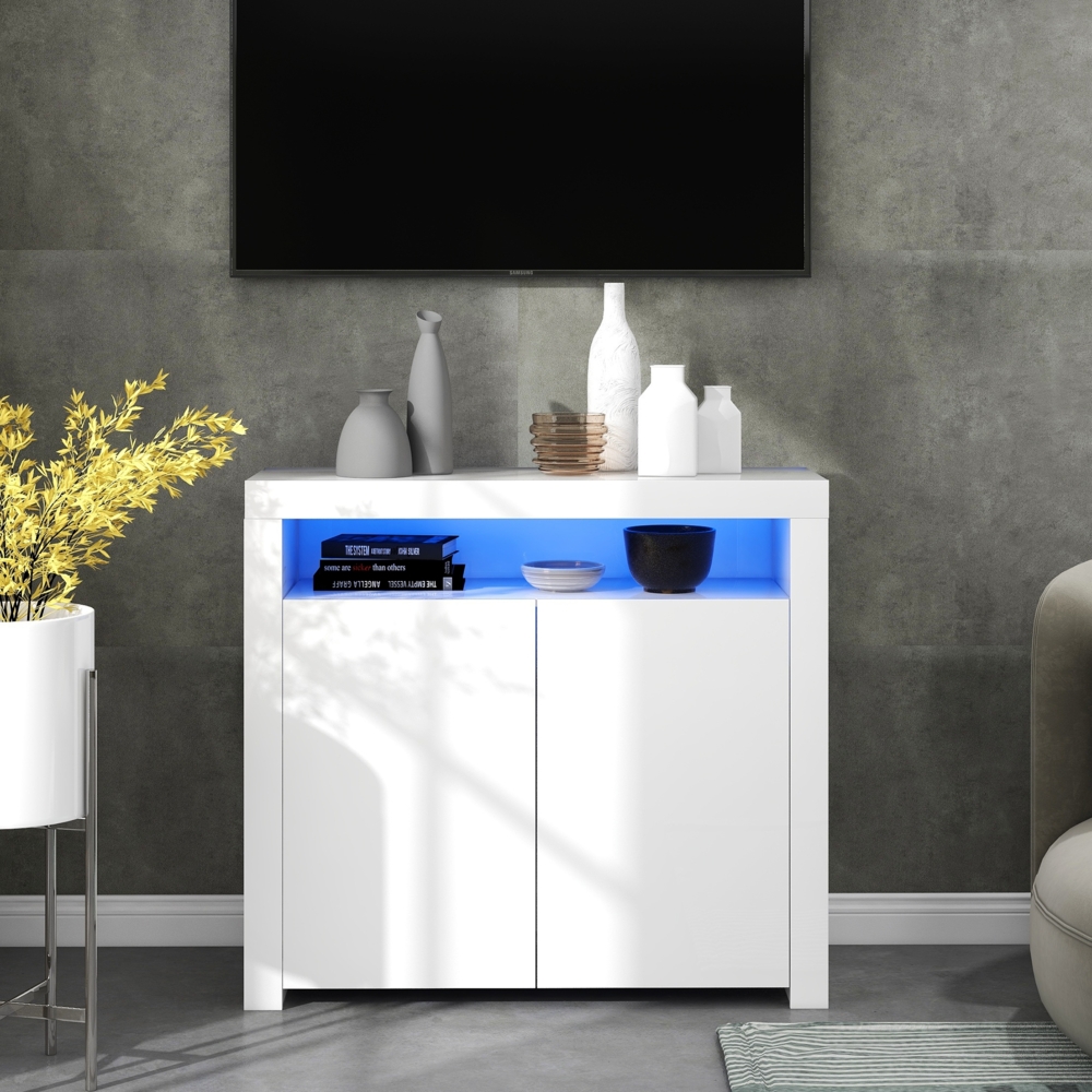 Merax Kommode Sideboard WeißWohnzimmer Sideboard Aufbewahrungsschrank Weiß Hochglanz mit LED-Licht, Moderne Küchenzeile Schrank Buffet Holz Aufbewahrungsvitrine TV-Ständer Bild 1