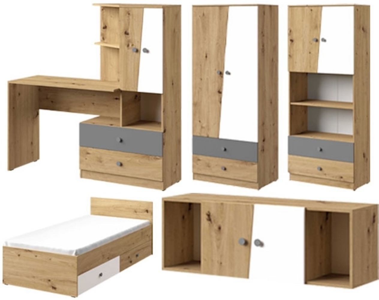 Jugendzimmer Set "Nero" 5-teilig artisan eiche / weiß-grau matt Bild 1