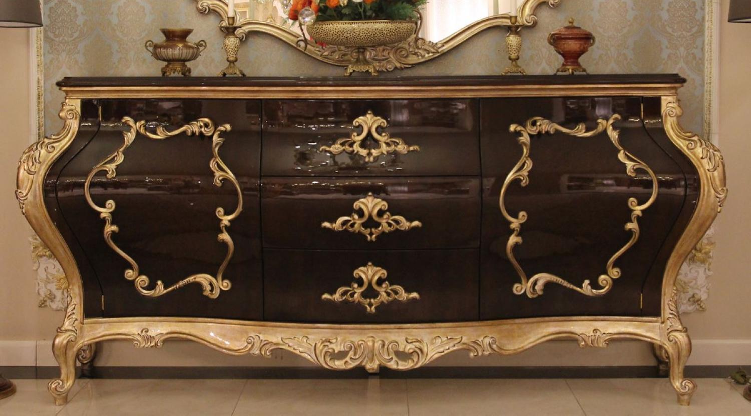 Casa Padrino Luxus Barock Kommode Dunkelbraun / Gold 243 x 60 x H. 115 cm - Prunkvoller Massivholz Schrank mit 2 Türen und 3 Schubladen - Edle Barock Möbel Bild 1