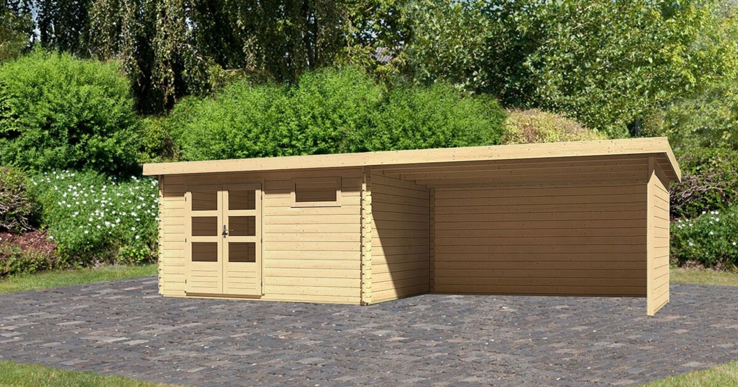 Gartenhaus Bastrup 8 - 770x297 cm mit Anbaudach 4,00 m mit Seiten- und Rückwand, 28 mm Holz naturbelassen, Karibu Bild 1
