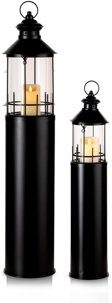 KHG Laterne Leuchtturm 2er Set mit LED-Kerzen aus Metall/Glas in schwarz, Kerzenständer, Kerzenhalter, Outdoor und Indoor, Deko, Glaseinsatz, für Wohnzimmer, Balkon, Terrasse, Garten usw. Bild 1