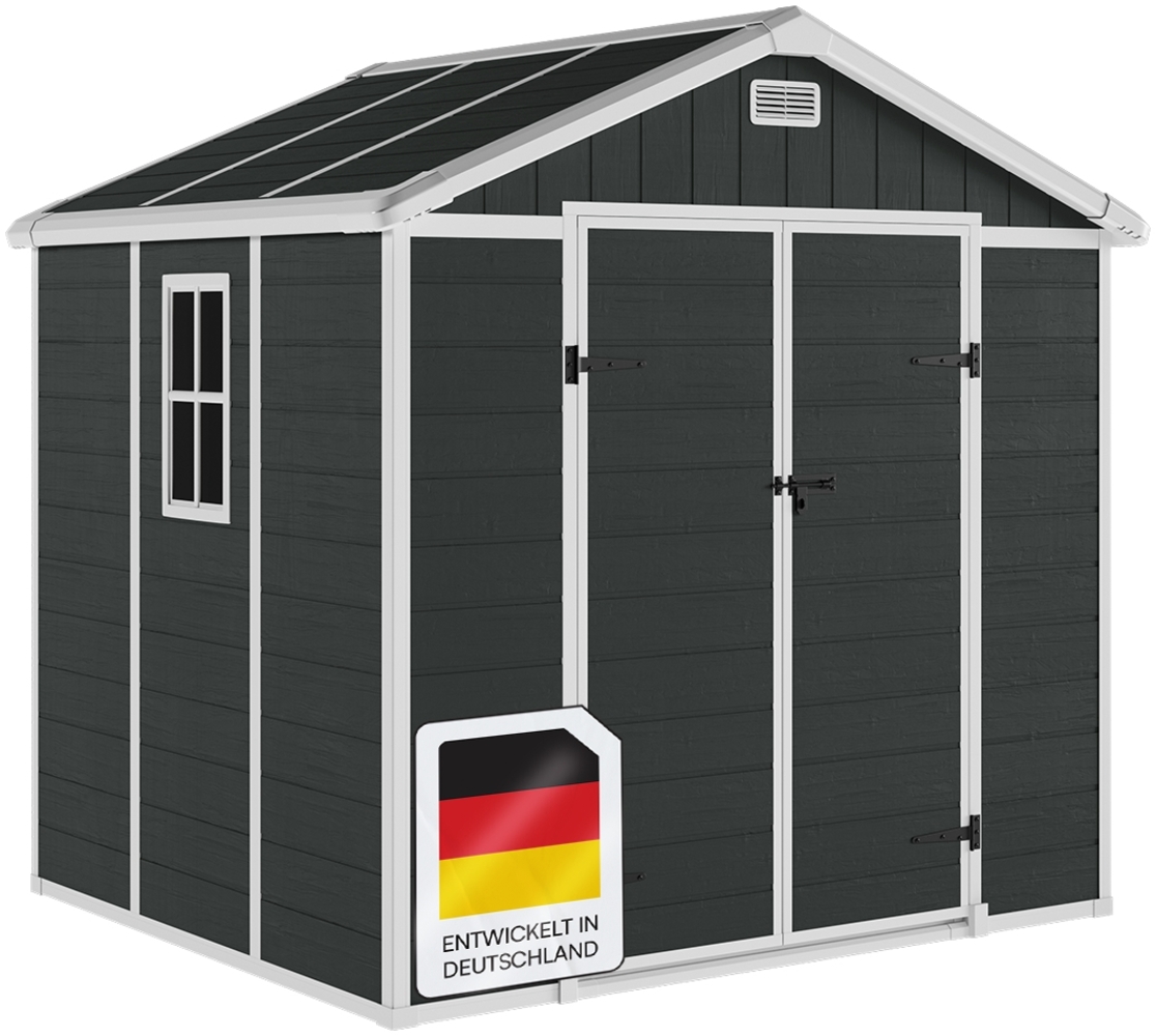 STEELSØN 'Novara' Gerätehaus Satteldach, Kunststoff, dunkelgrau, wetterfest, 226x200x230 cm, abschließbar, Gartenhaus mit Fenster Bild 1