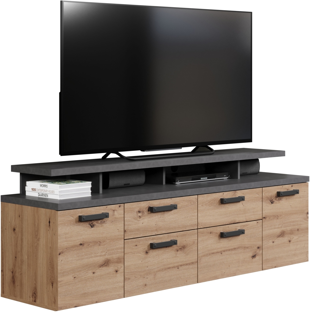 trendteam smart living - Follow - TV-Schrank - Eiche/Anthrazit - TV Lowboard mit Vollauszug Schubladen - (BxHxT) 180 x 66 x 47 cm - Fernsehschrank mit 4 offenen Fächern - Praktischer Aufsatz Bild 1