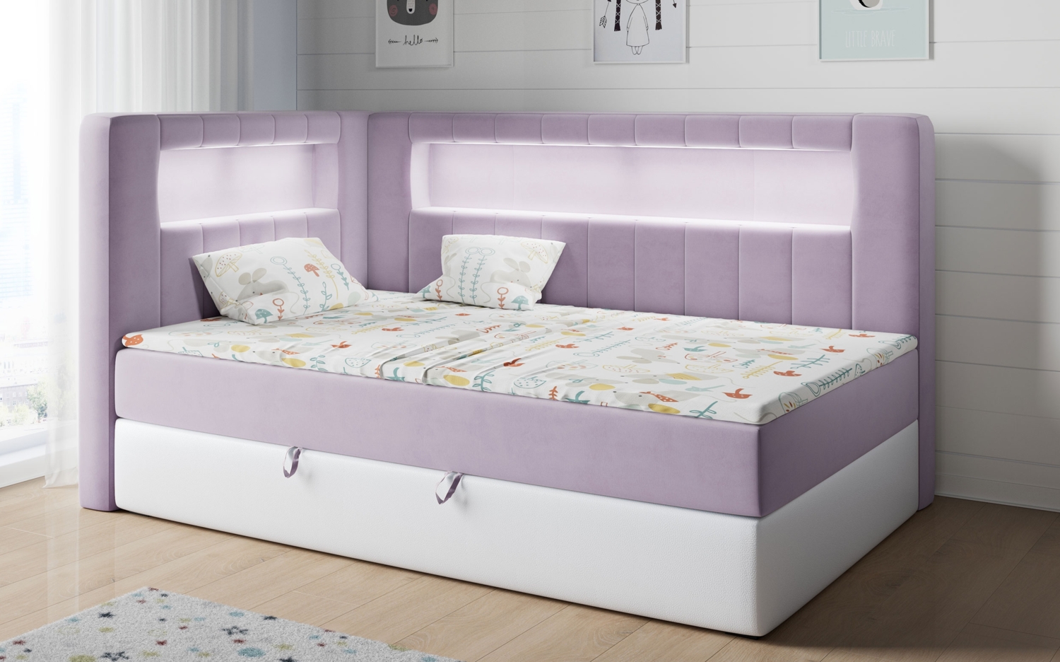 Boxspringbett mit LED, Einzelbett mit Bettkasten und Topper - JUNIOR GOLD 3 - 90x200 cm - Violet und Weiß - Linke Seite Bild 1