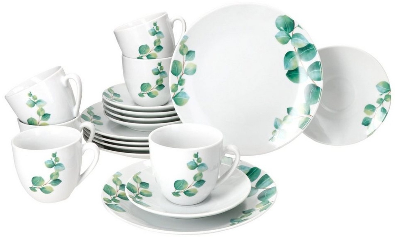 18tlg Kaffeeservice Eukalyptus Porzellan 6 Personen Tassen Untertassen Teller Bild 1
