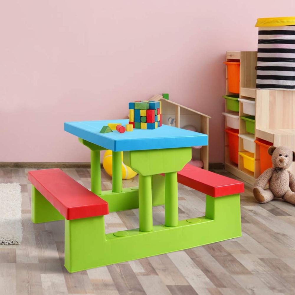 COSTWAY Kinder Sitzgruppe Sitzgarnitur Kindermöbel mit Sonnenschirm Kindertisch Picknickbank Bunt Bild 1