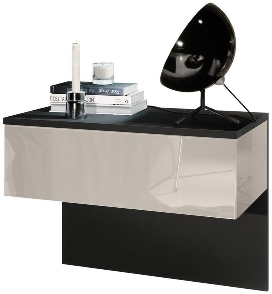 Vladon Nachttisch Sleep, Nachttischschrank mit Schublade zur Wandmontage, Schwarz matt/Sandgrau Hochglanz (60 x 46 x 35 cm) Bild 1