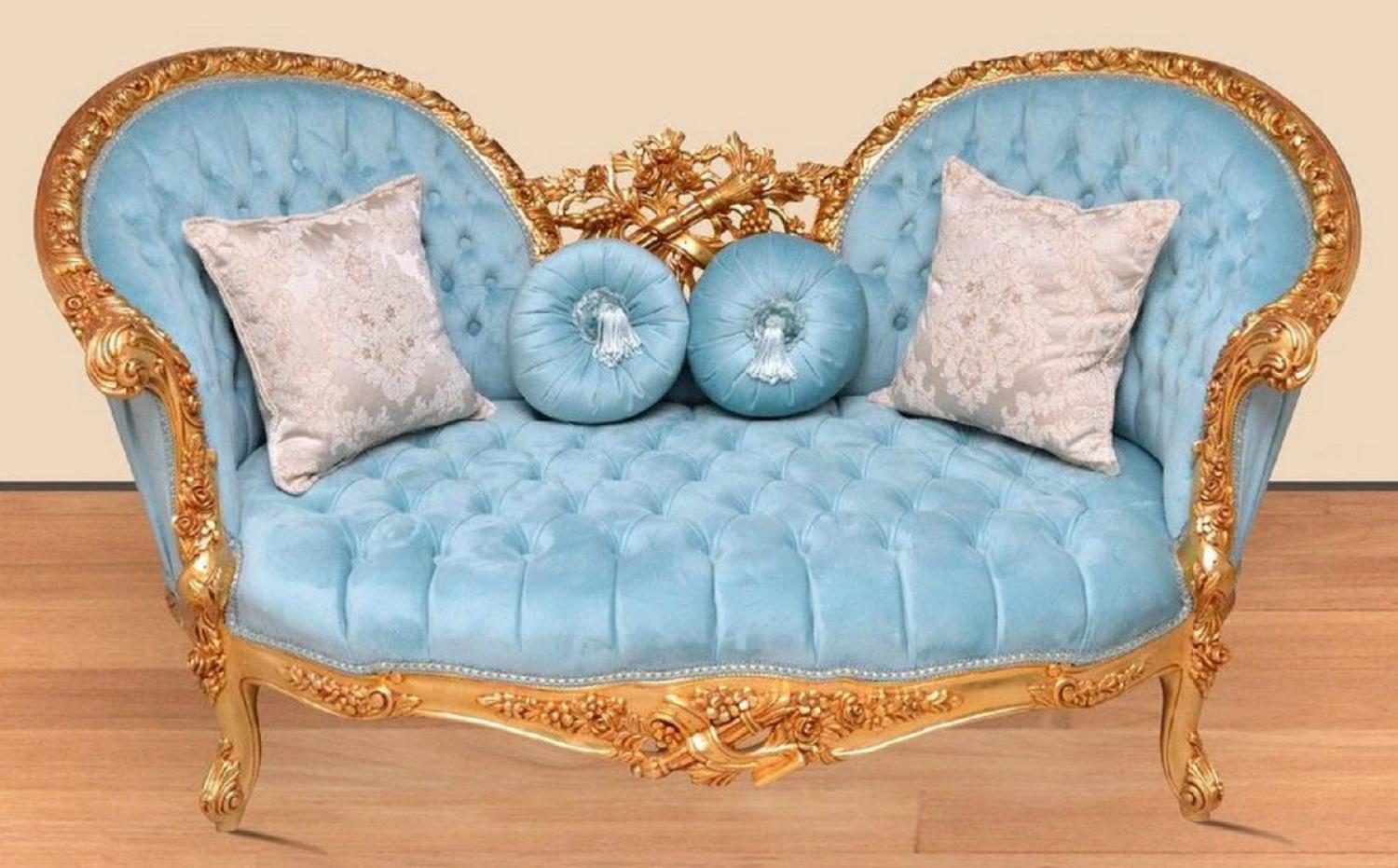 Casa Padrino Barock Sofa Hellblau / Gold - Handgefertigtes Wohnzimmer Sofa im Barockstil - Prunkvolle Barock Wohnzimmer Möbel Bild 1