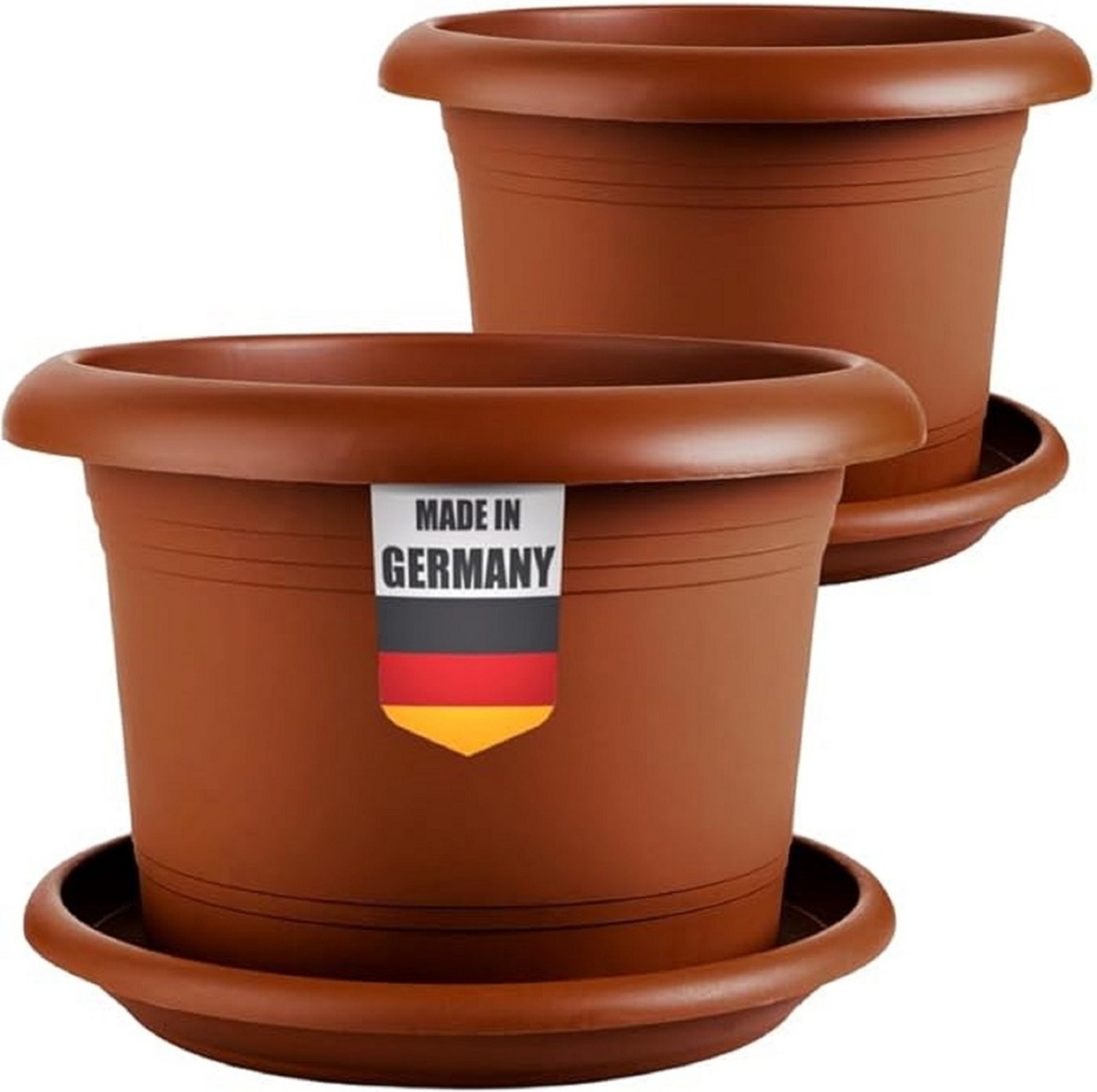 SUSTANIA Blumentopf Eleganter Pflanzkübel Groß mit Untersetzern (2er Set 40 cm Durchmesser), 2 Pflanztöpfe 40x40 cm, 2 Untersetzer, Terracotta Bild 1