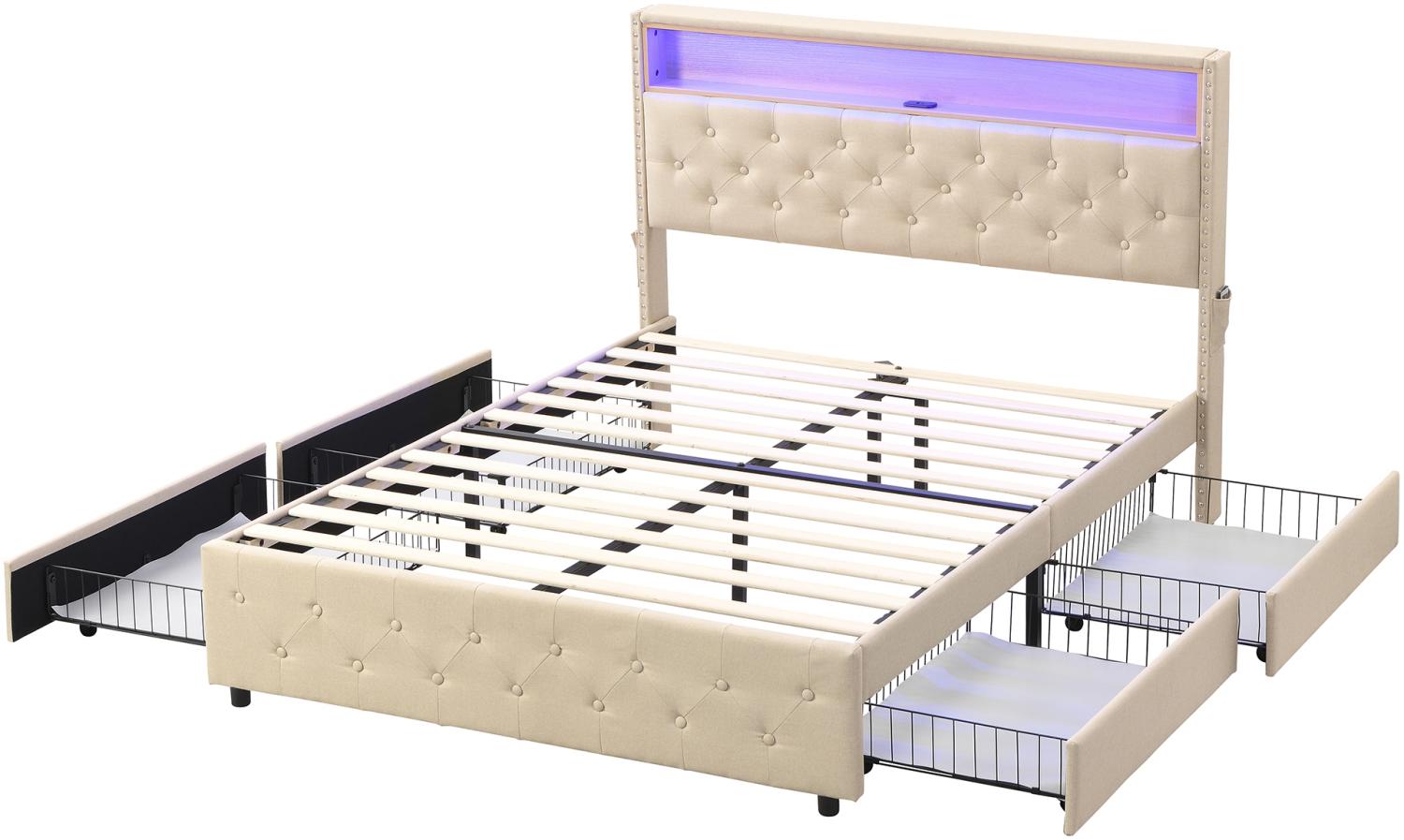 Merax Polsterbett, 160*200, LED-Bett, USB-Schnittstelle, Taschendesign auf beiden Seiten des Nachttisches, mit 4 Schubladen, Leinen, Beige Bild 1