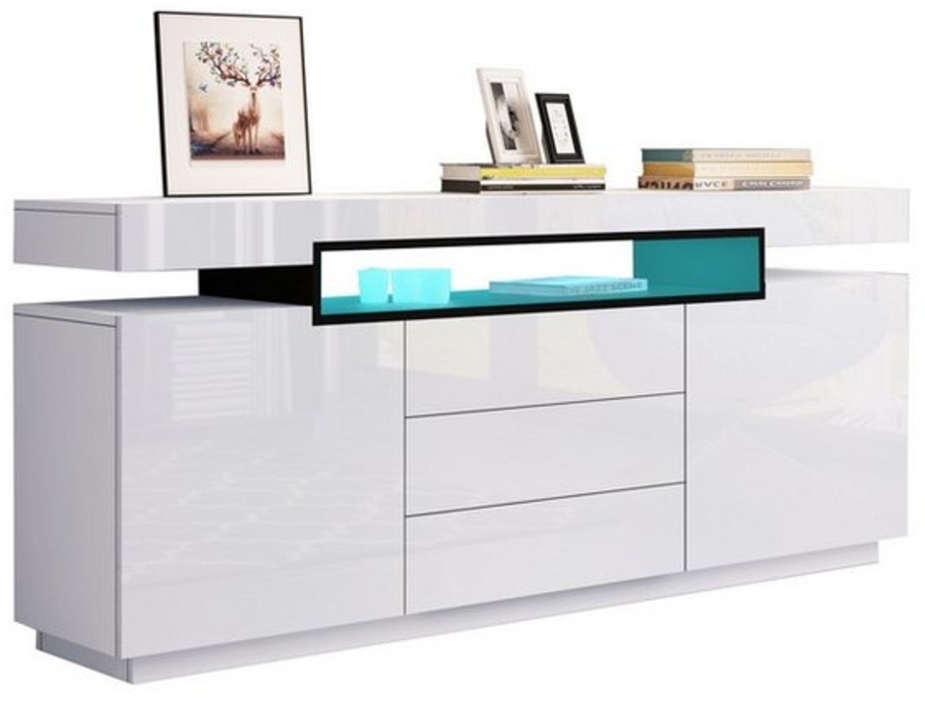 BESTWANTED Sideboard Moderner Aufbewahrungsschrank Hochglanz mit 2 Türen und 3 Schubladen (1 St), aus robustem MDF/Spanplatten, Fernbedienung, 160x35x72 cm, weiß Bild 1