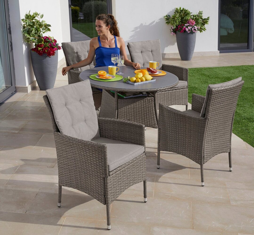 KONIFERA Garten-Essgruppe Mailand, (Set, 13-tlg, 4 Sessel, Tisch Ø 100 cm, inkl. Auflagen), Polyrattan, Stahl, Braun, Tischplatte aus Sicherheitsglas Bild 1