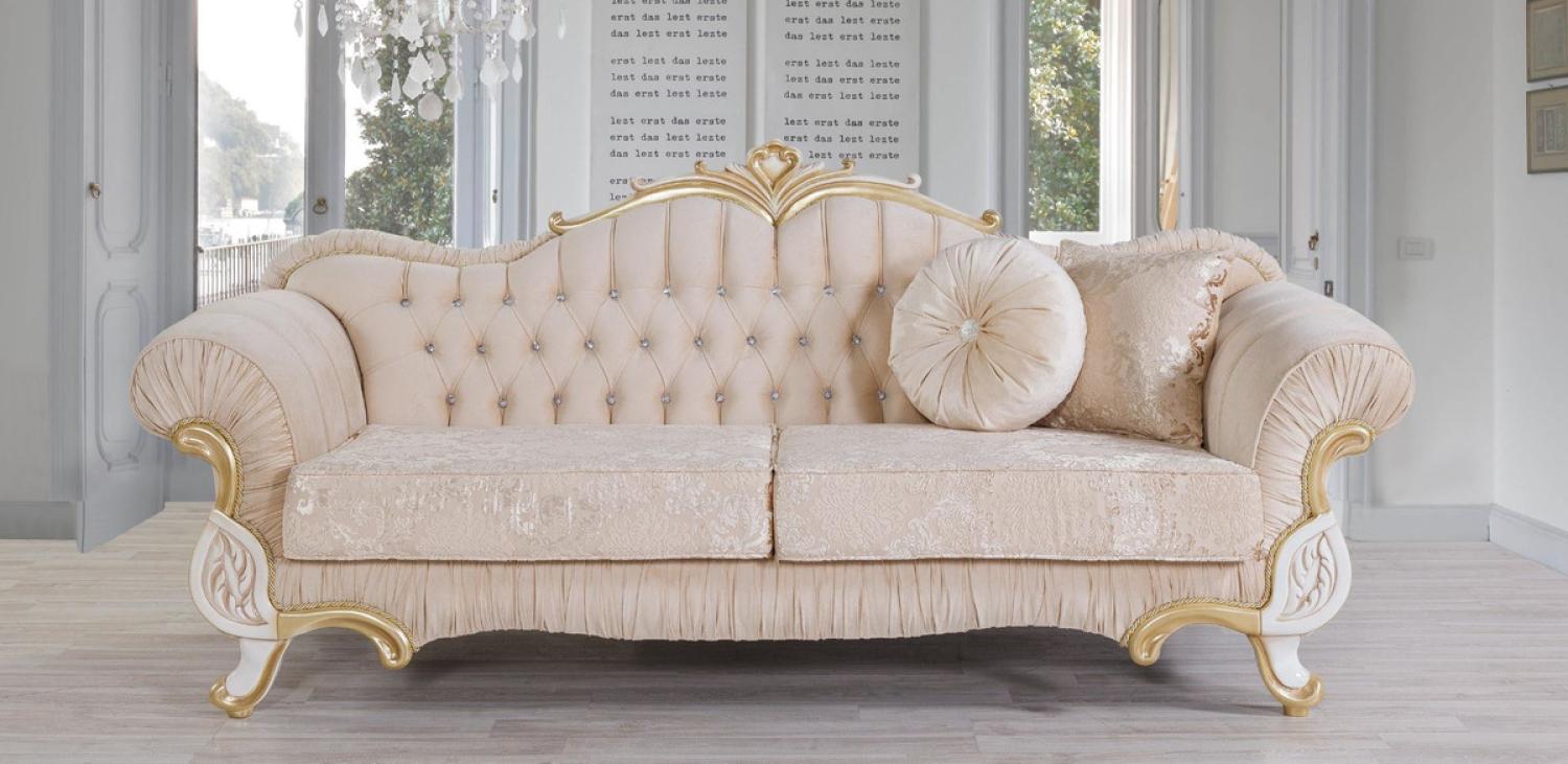 Casa Padrino Barock Sofa Beige / Weiß / Gold 228x105 x H. 85 cm - Edles Wohnzimmer Sofa mit Glitzersteinen Bild 1