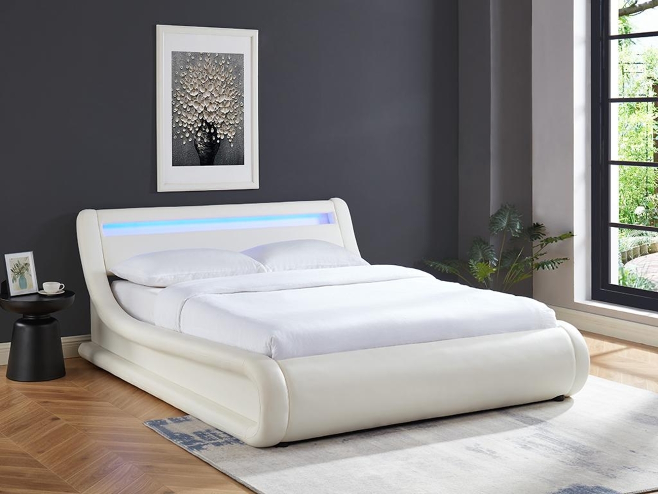 Vente-unique - Bett mit Bettkasten & LEDs - Kunstleder - 160 x 200 cm - Weiß - IRIS Bild 1