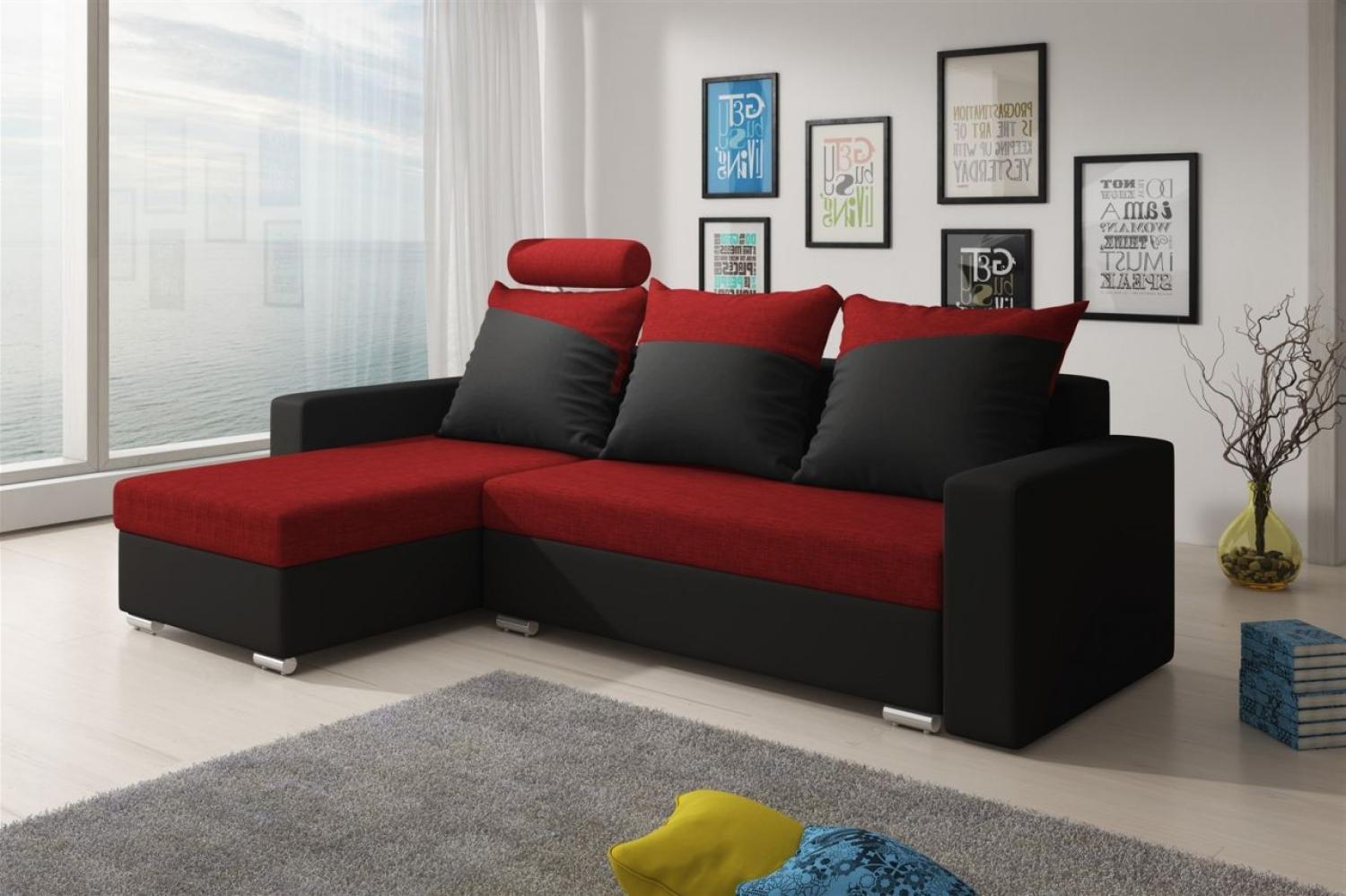 Ecksofa Sofa NORA mit Schlaffunktion Schwarz / Rot Ottomane Links Bild 1