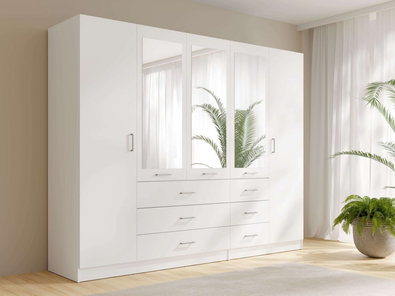 Home affaire Kleiderschrank KOS Garderobe mit 6 Schubladen, Kleiderstange, 5 Einlegeböden, Spiegel Wäscheschrank mit 5 Drehtüren, silber Griffen, Maße B/H/T 250/200/58cm Bild 1