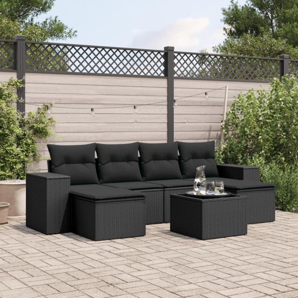 vidaXL 7-tlg. Garten-Sofagarnitur mit Kissen Schwarz Poly Rattan 3222924 Bild 1