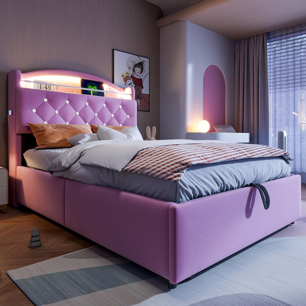 Kinderbett 90x200 cm mit LED-Licht, USB-Type-C-Anschluss & Stauraum – Samt Polsterbett mit Gasdrucksystem,Rosa,inklusive Schaummatratze Bild 1